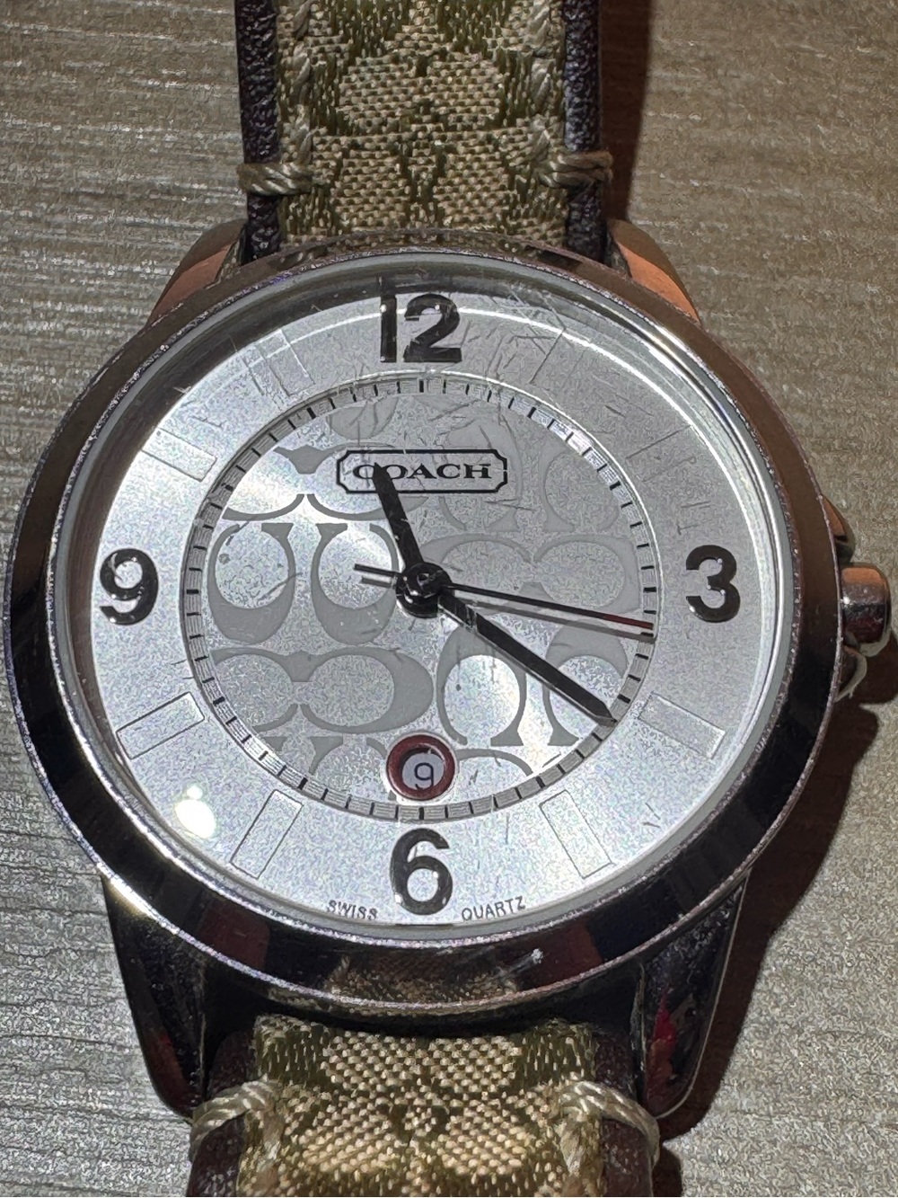 Vintage Coach Signature Logo Swiss Quartz Monogram Canvas Strap Watch Silver